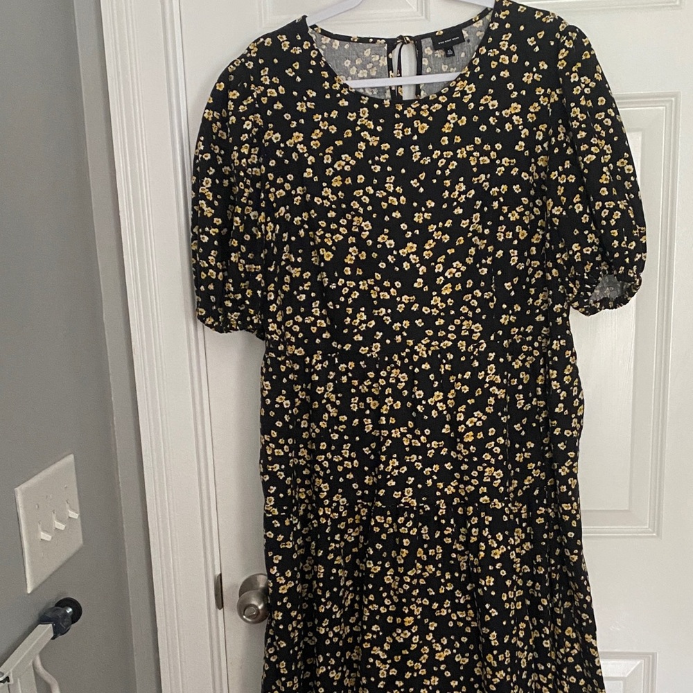 Who What Wear Black Midi Dress with Yellow Floral Print